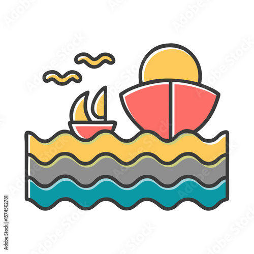 Boats sailing on stylized waves under colorful sun concept of Nature  