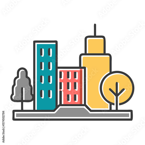 Colorful city skyline illustration with modern buildings and trees  