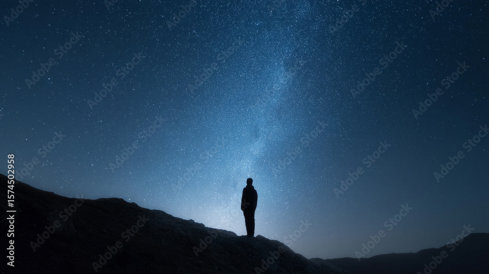 Fototapeta premium Silhouette night sky star mountain person landscape peaceful silhouette of person stands mountain star filled night sky