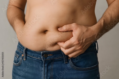 Man pinching his excess belly fat showing weight gain and body concern