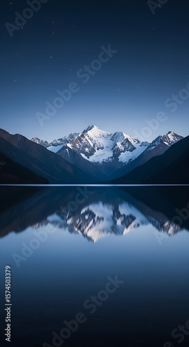 A serene alpine vista with a snow-capped mountain perfectly reflected in a still, glassy lake under a deep blue twilight sky.