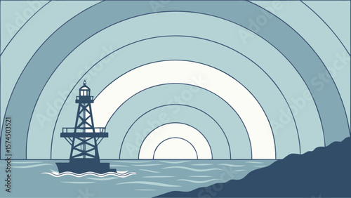 Coastal navigation buoy in ocean waves illustration with nautical theme and sea landscape vector graphic art