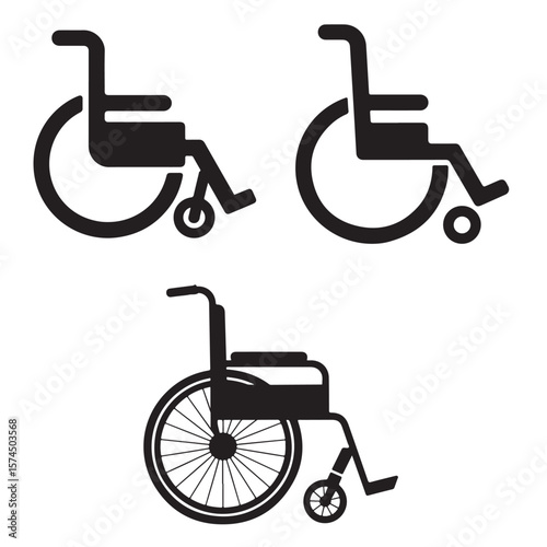 black various vector icon of a wheelchair silhouette	
