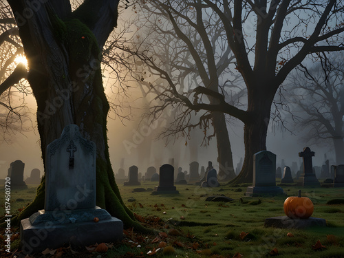 atmosphere of the Halloween graveyard is scary and spooky.