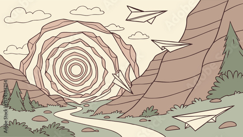 Paper airplane adventure through mountain landscape vector illustration scenic travel and nature design