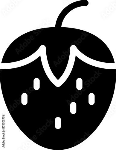 A simple black and white icon featuring a strawberry dipped in chocolate, perfect for digital or print use