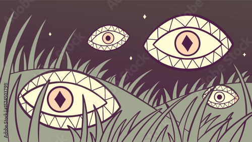 Surreal eye landscape vector art illustration with grass and stars for graphic design projects