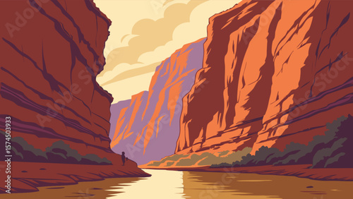 Grand canyon river landscape illustration for travel and tourism scenic views of nature and outdoors scene