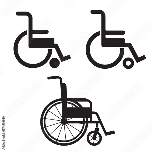 black various vector icon of a wheelchair silhouette	

