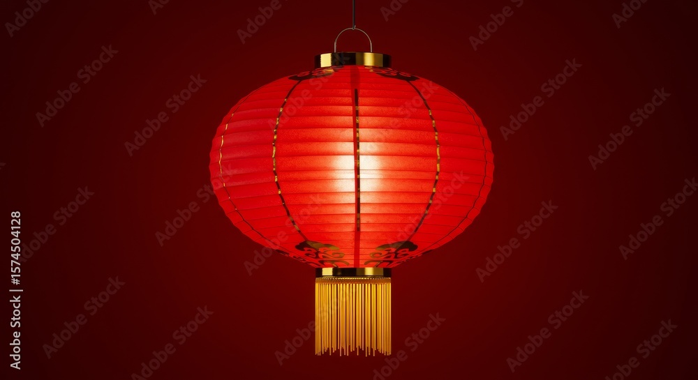 Obraz premium Illuminated Red Lantern with Gold Trim - A glowing red lantern, symbolizing hope, celebration, tradition, warmth, and good fortune, hangs against a dark red background