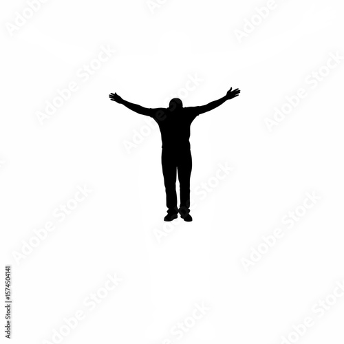 Silhouette of man spreading arms sideways helplessly on white background