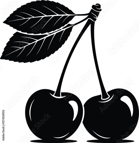 Two black cherries with leaves present a stark graphic representation, perfect for designs needing a simple, organic fruit element with a transparent background.