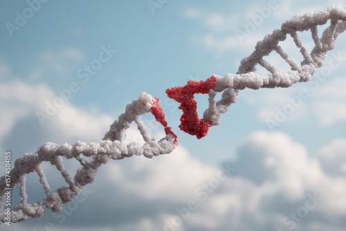 DNA double helix structure with gray and white colors, featuring striking red connection, set against blue sky with clouds, evokes sense of scientific discovery and innovation