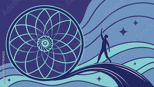 Dreamy abstract art featuring a silhouette of a person reaching for the stars with a geometric pattern design