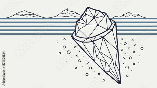 Iceberg graphic drawing with ocean waves and mountain range in background simple line art illustration