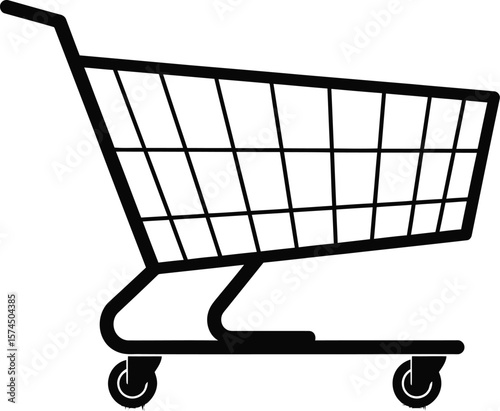 An isolated shopping cart symbol in black provides a clean graphic element for e-commerce, retail, or grocery themes, suitable for web design and digital layouts.