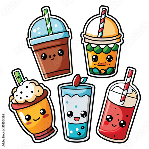 Cute cartoon drinks in cups with straw