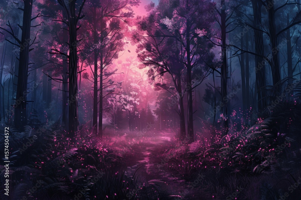 Fototapeta premium Magical pink glow illuminates forest path with fireflies at sunset