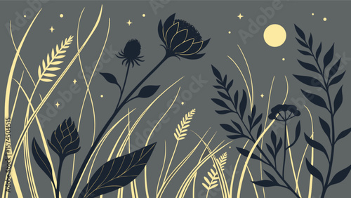 Botanical night scene vector illustration with flowers and plants under moonlight for graphic design use