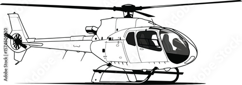 A sleek white helicopter is rendered in detailed black and white illustration style against a clean backdrop, showcasing transportation and aviation design.