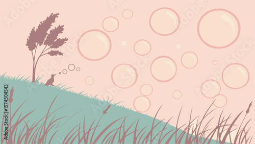 Illustration of nature scene with bird, tree, grass, bubbles, and soft pastel colors for backgrounds