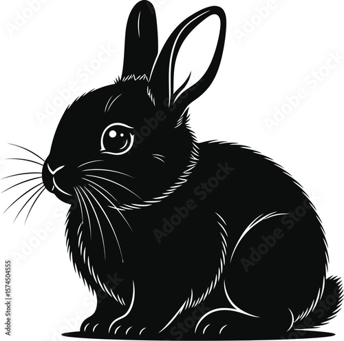 Charming black bunny silhouette with long ears and fluffy detail, perfect for easter designs, children's illustrations, and playful animal themes with a simple graphic style.