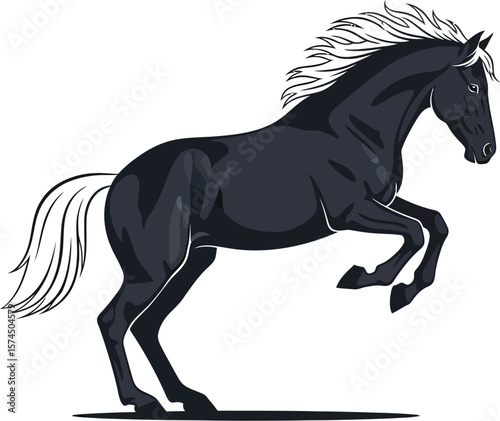 A magnificent black stallion with a flowing mane rears up, showcasing its power and grace against a clean, transparent background, perfect for various design projects.