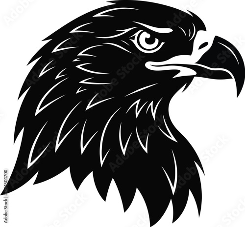 A bold black and white silhouette showcases the powerful head of an eagle, perfect for emblems, logos, and patriotic designs against a white backdrop.