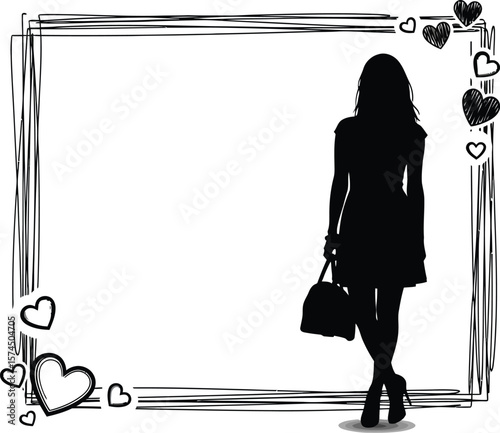 A stylish woman silhouette with a handbag is framed by a sketchy border and hearts, conveying fashion and romance in a design with potential for various creative applications.