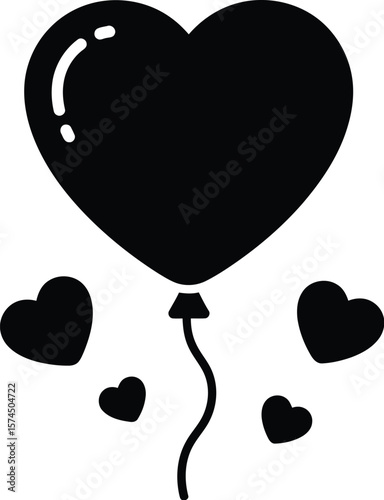 A lovely balloon shaped as a heart floating with tiny hearts in a black and white vector drawing for Valentine's Day, love or a festive invitation.