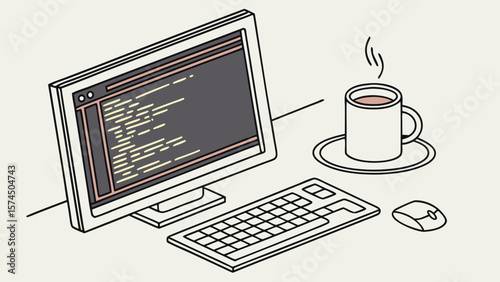 Desktop Monitor with Coding Screen and Coffee Cup