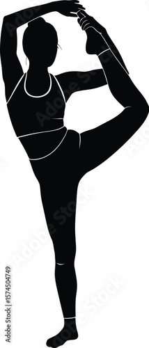 A silhouette of a woman in Lord of the Dance yoga pose showcases balance and flexibility, ideal for wellness or fitness content, with a minimalist aesthetic.