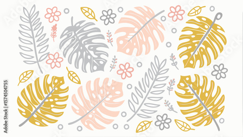 Illustration of monstera leaves, flowers, and foliage in pink, yellow, and gray tones on white background