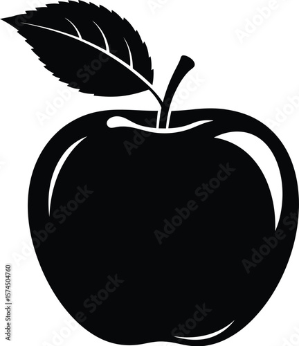 A crisp, fresh apple illustration in black and white with a single leaf and a clean, graphic design making it ideal for minimalistic themes and healthy food concepts.