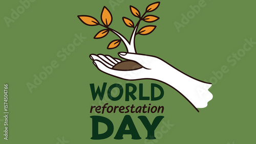 Hopeful illustration of hands gently cradling a sapling, symbolizing World Reforestation Day;  a vibrant, stylized design promoting environmental conservation and sustainable growth initiatives.
