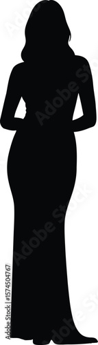 A refined black silhouette of a woman standing elegantly in a long dress, perfect for artistic designs, graceful presentations, or creative projects, showcasing feminine figure.