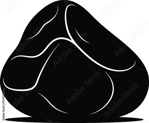 An abstract vector graphic presents a solid black stone form with curving white lines on a clean white backdrop, minimalistic and bold design element.