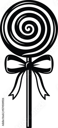 An elegant monochrome lollipop with a delicate bow makes a charming graphic element, perfect for sweet themed designs and vintage style confectionery illustrations.