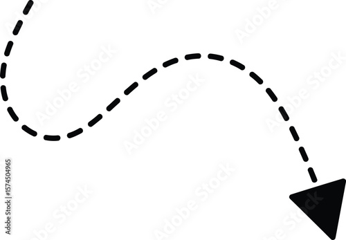 Black dashed arrow gracefully curves downward, isolated on a bright background, suitable for infographics, presentations, and design layouts with its clean vector style.
