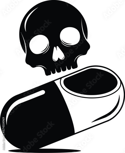 An illustration showing a skull above a medication capsule depicts dangers of drug overdose and substance abuse with its stark, stylized, and monochrome design.