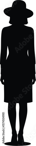 A sophisticated silhouette reveals a woman wearing a hat and a stylish dress, offering a classic, timeless visual with potential for design projects.