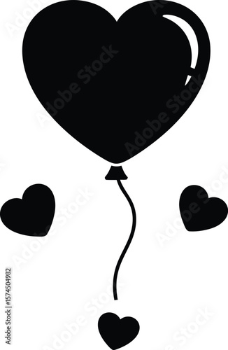 A heart shaped balloon flying, drawn in black silhouette with string and small hearts around it, suitable for love themed designs and minimalistic art.