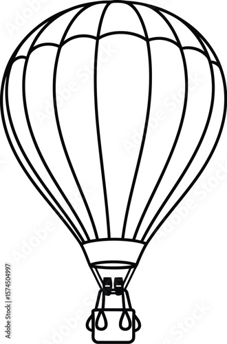 A simple outline drawing showcases a hot air balloon with a basket suspended underneath, ideal for travel or adventure-themed designs and illustrations, against a clean white canvas.