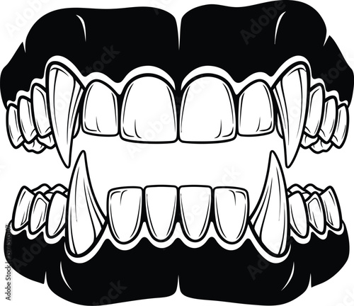 Striking vampire fangs are revealed with sharp detail in this monochrome graphic art, representing horror themes and Halloween frights with spooky design.