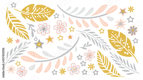 Delicate floral and feather pattern with stars in gold pink and gray on a white background design art
