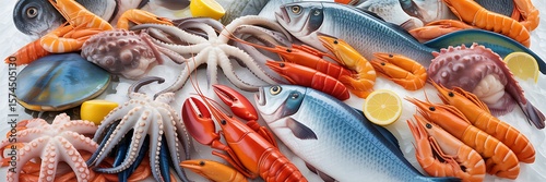 Wallpaper Mural Assortment of fresh seafood including fish shrimp lobster octopus and lemon slices Torontodigital.ca