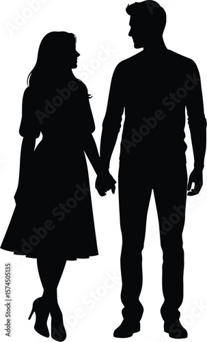 Silhouette of a loving couple walking hand in hand, a simple yet powerful representation of romance, affection, and togetherness against a clean white background, ideal for design elements.
