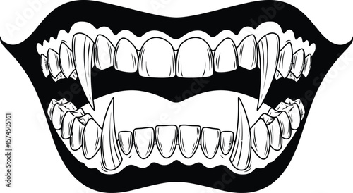 Striking drawing showcases vampire teeth in black and white, ideal for Halloween themes or horror designs with a spooky and frightening mouth element.