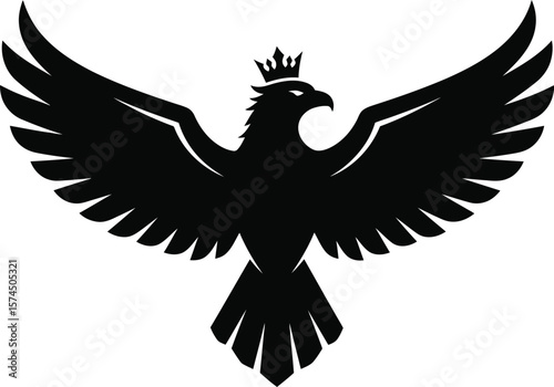 A regal black eagle soars majestically, its wings spread wide and a crown perched atop its head in this stunning logo illustration symbol.