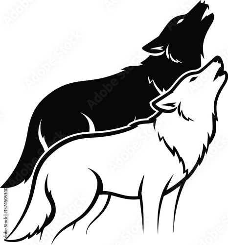 Two wolves howling a mournful song, depicted in a stylized black and white drawing, evocative of wilderness, wildlife, and the call of the wild, transparent background ideal for layering.